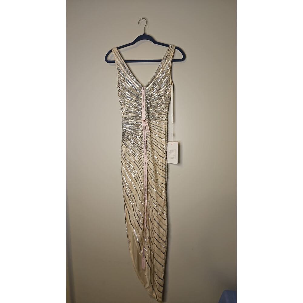 Mac Duggal Sequin Faux Wrap Sleeveless Midi Dress Silver/Yellow NWT - Picture 2 of 4